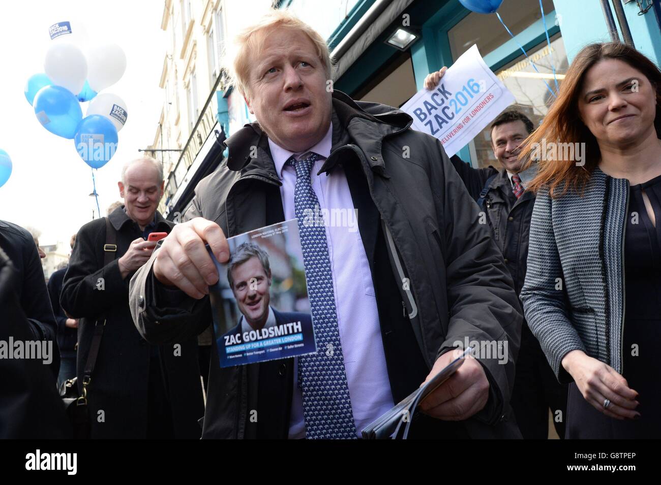 Mayor of London Boris Johnson campaigning with Conservative mayoral candidate, Zac Goldsmith (not pictured) in the Portobello Road area of Notting Hill in London for the forthcoming City Hall elections on May 5th. Stock Photo