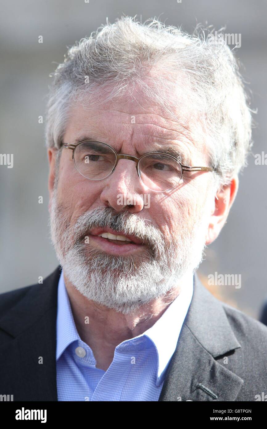 Sinn Fein leader Gerry Adams speaking to the media on the plinth at Leinster House in Dublin, as the formation of the next government hangs in the balance 40 days on from the election. Stock Photo