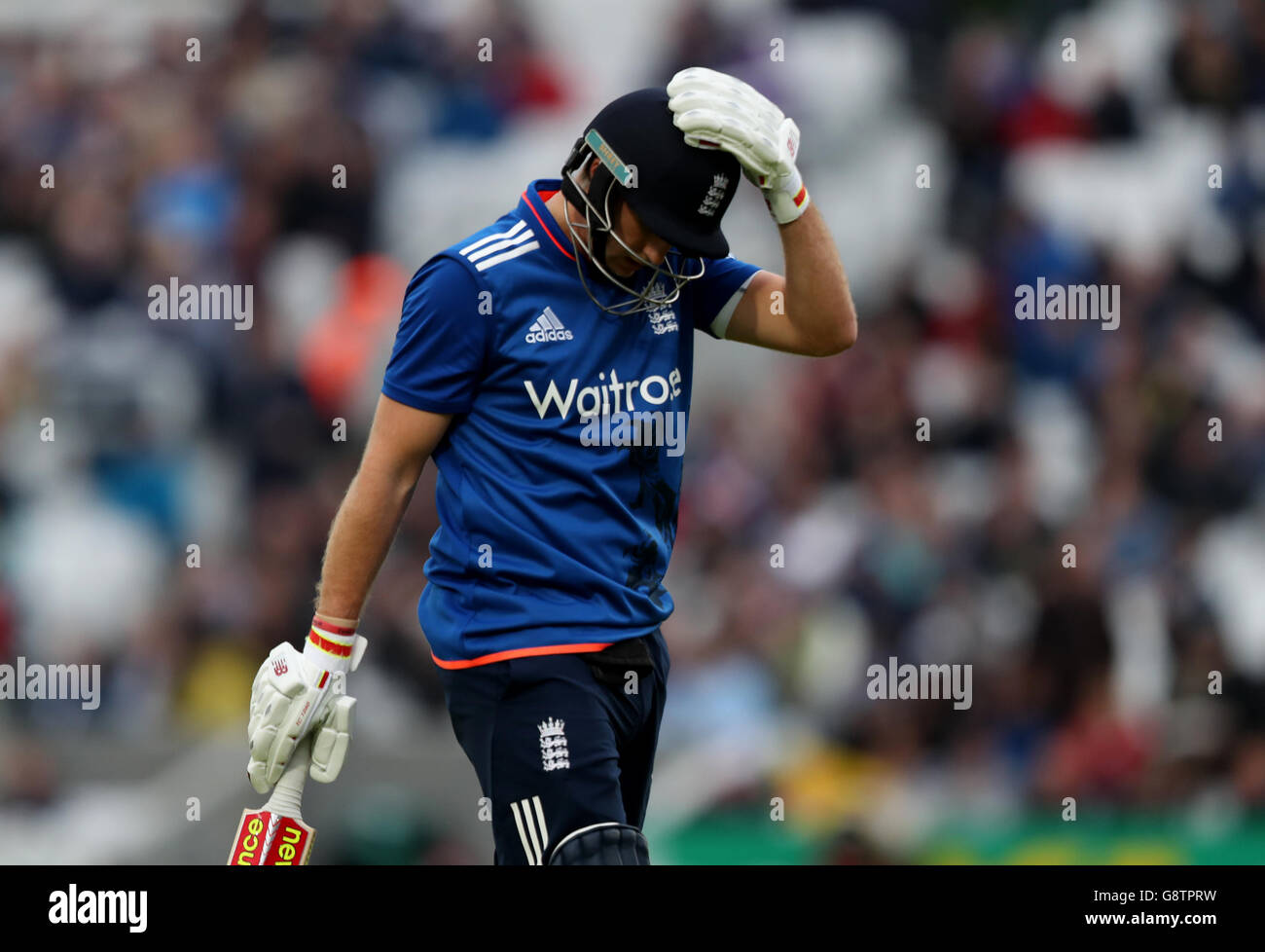 England's Joe Root reacts after being dismissed during the Royal London One Day International Series at the Kia Oval, London. Stock Photo