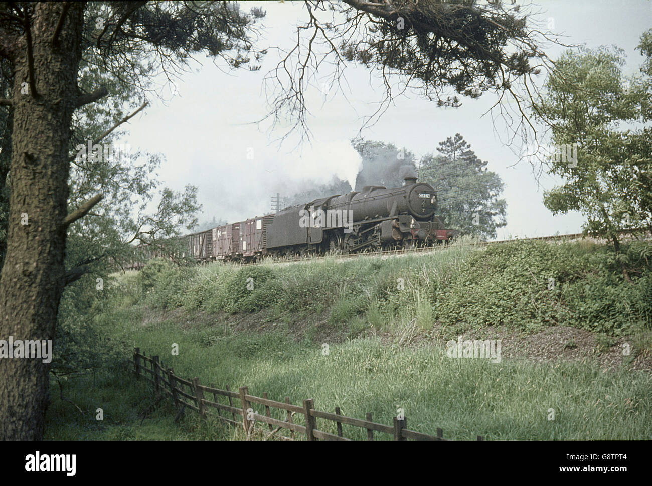 Stanier Black 5 No. 45342 heads a south bound freight along the West Coast Main Line south of Lancaster on Monday, 17 June 1968. Stock Photo