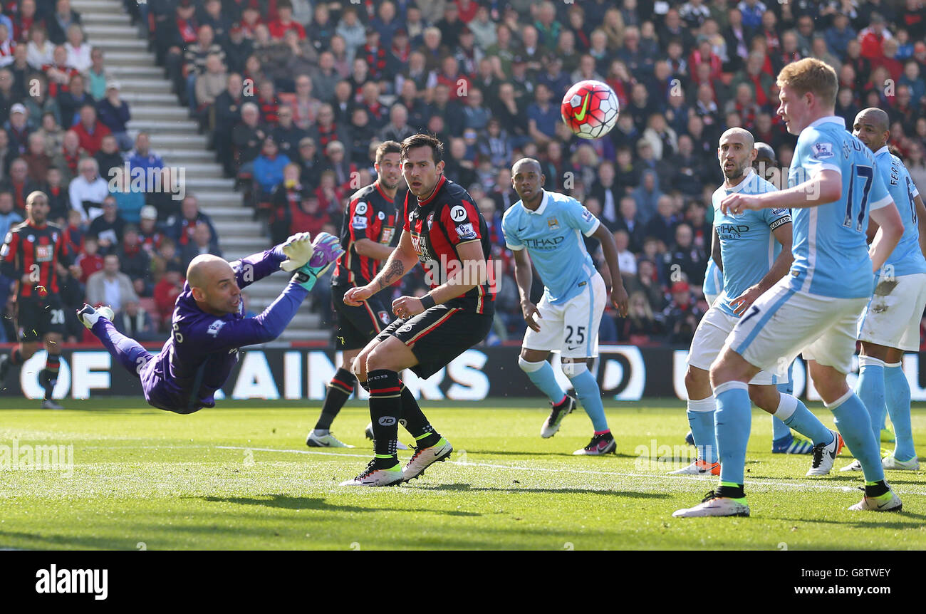 Manchester City goalkeeper Willy Caballero makes a save during the Barclays Premier League match at the Vitality Stadium, Bournemouth. Stock Photo