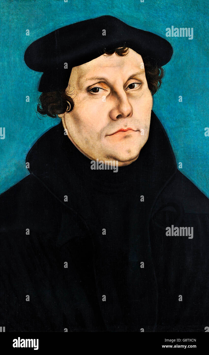 Martin Luther (1483-1546), portrait by Lucas Cranach the Elder, oil on panel, 1528. Stock Photo