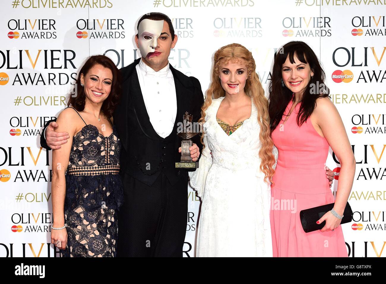 Ben Forster and Emmi Christensson (third left) with the Magic Radio Audience Award for Phantom of the Opera, presented by Emma Hatton (left) and Savannah Stevenson at the Olivier Awards 2016 held at The Royal Opera House in Covent Garden, London. Stock Photo