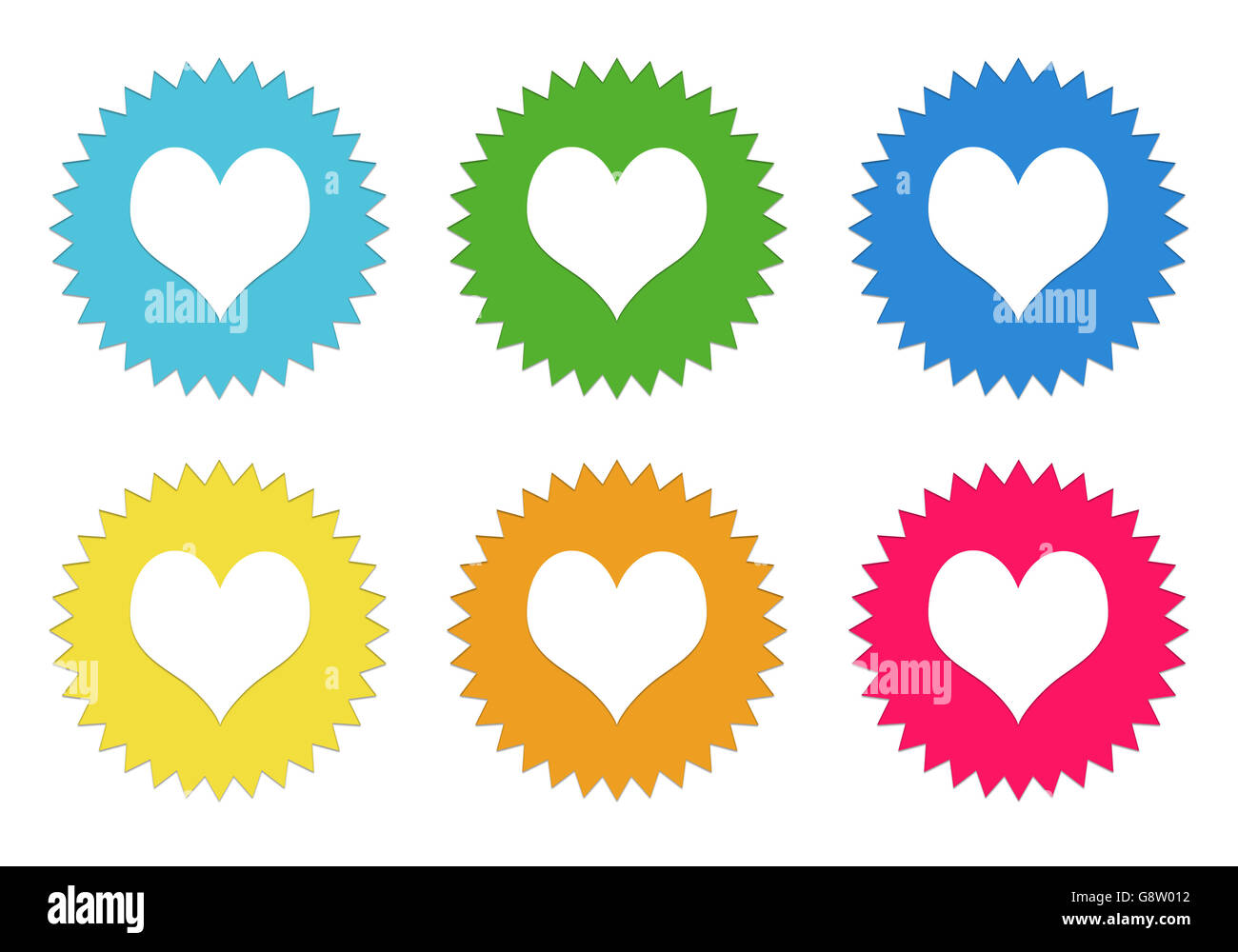 Set of colorful stickers icons with heart symbol in blue, green, yellow, red and orange colors