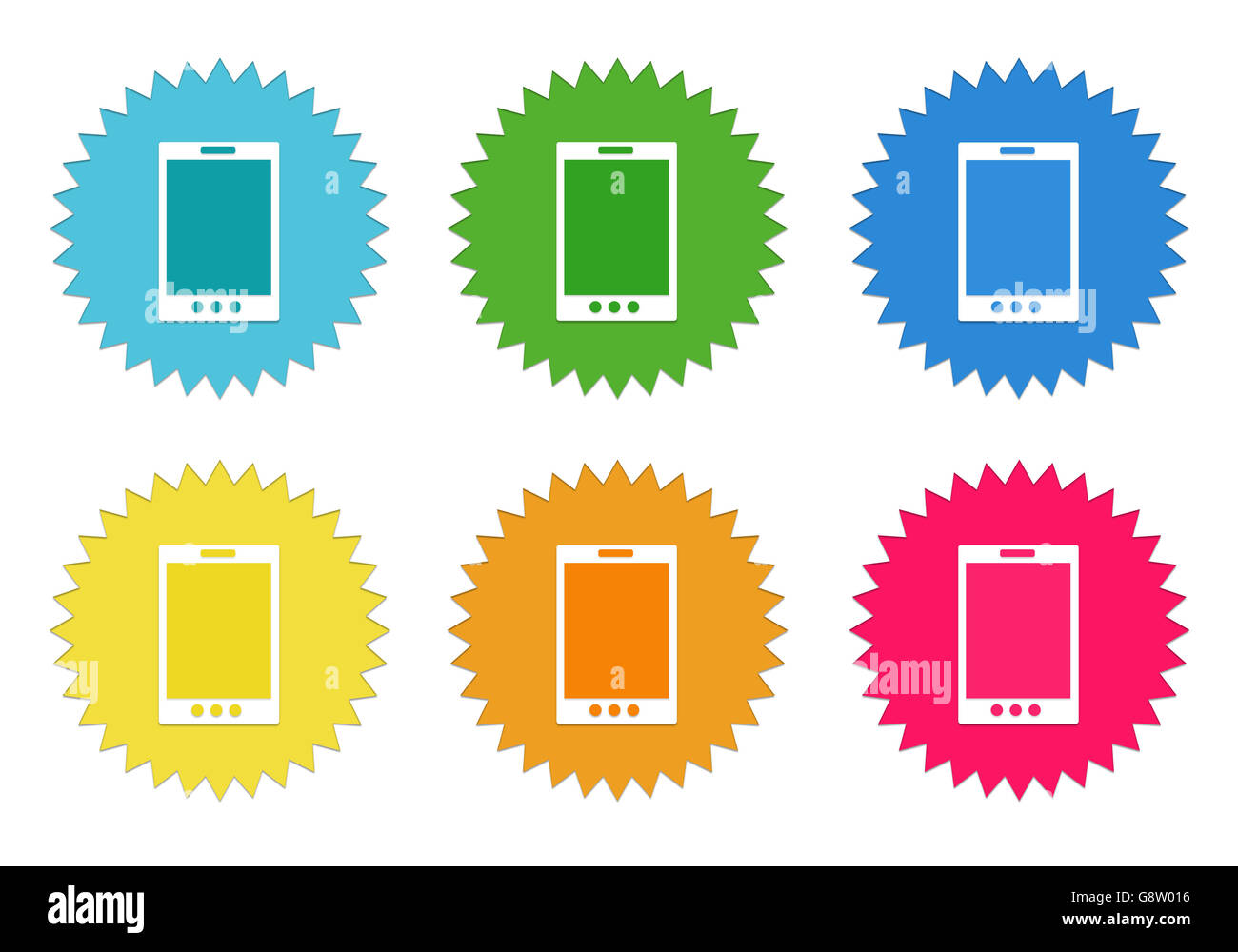 Set of colorful stickers icons with phone symbol in blue, green, yellow ...