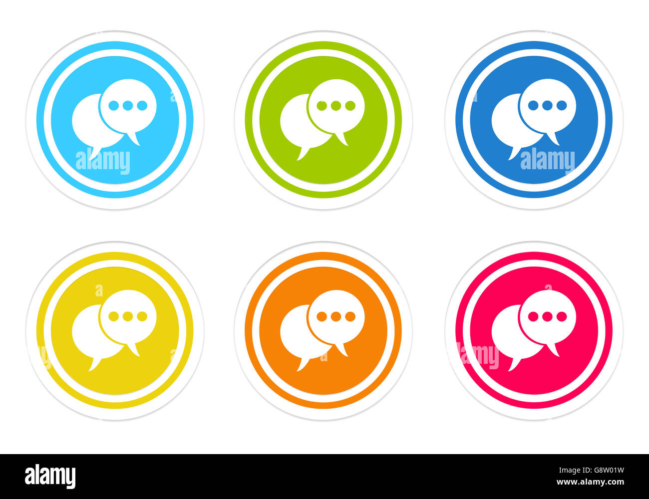 Set of rounded colorful icons with bubble speeches symbol in blue, green, yellow, red and orange colors Stock Photo