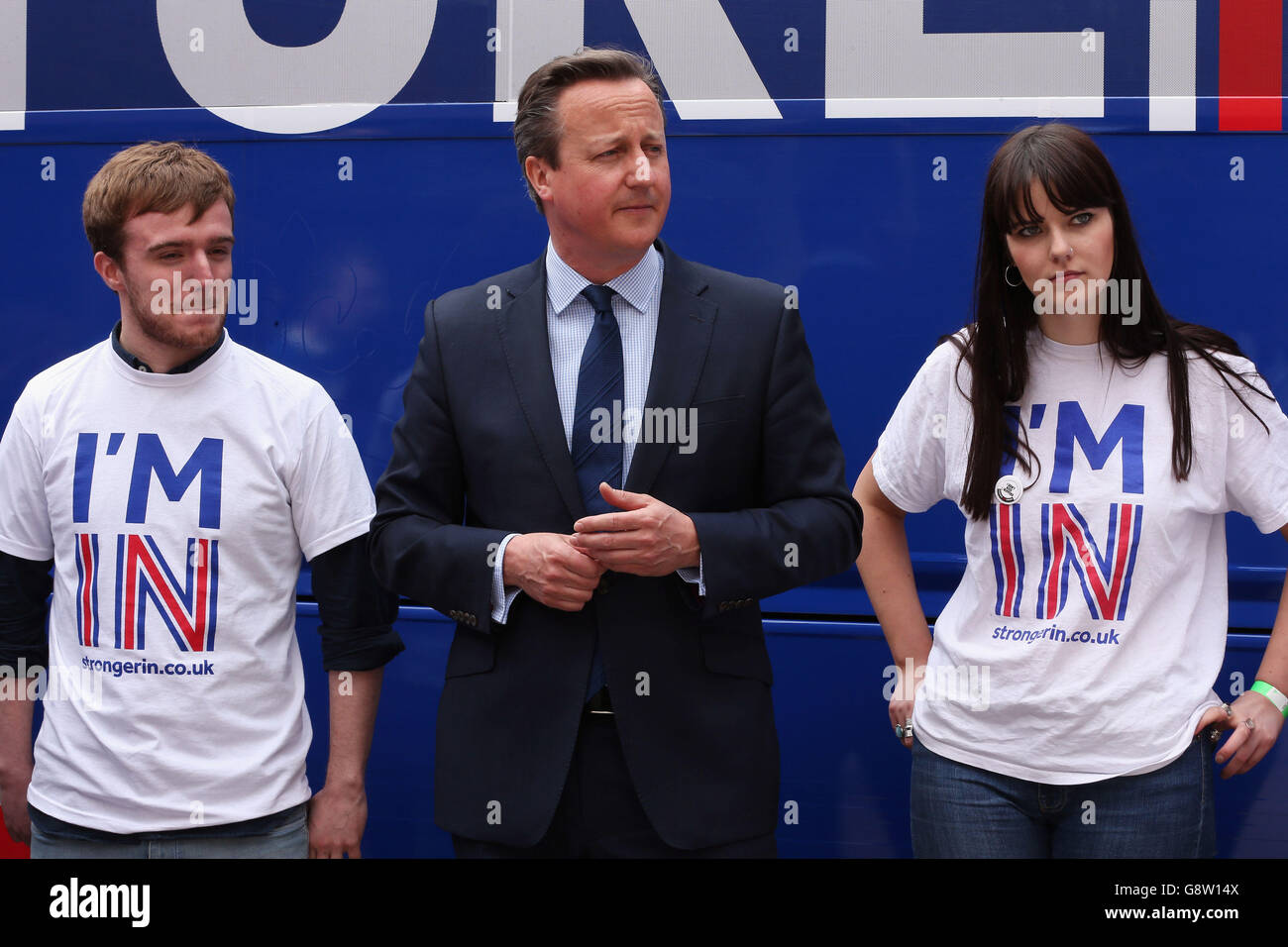 Prime Minister David Cameron joins students at the launch of the 'Brighter Future In' campaign bus at Exeter University in Devon, after he said he will 'make no apology' for spending more than &Acirc;£9 million of taxpayers' money on a pro-EU publicity drive ahead of the referendum on Britain's future membership. Stock Photo