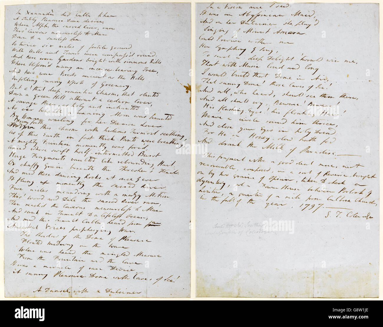 Original draft manuscript of ‘Kubla Khan or, A Vision in a Dream: A Fragment’ by Samuel Taylor Coleridge (1772-1834), the poem was composed after taking “two grains of opium taken to check a dysentery' in October 1797. See description for more information. Stock Photo