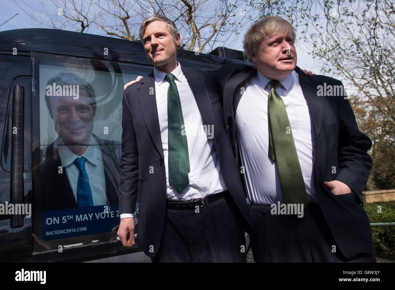Mayor of London Boris Johnson as he joins Conservative candidate for London Mayor Zac Goldsmith to help launch his manifesto for the forthcoming City Hall elections on May 5th in Wimbledon, south west London. Stock Photo