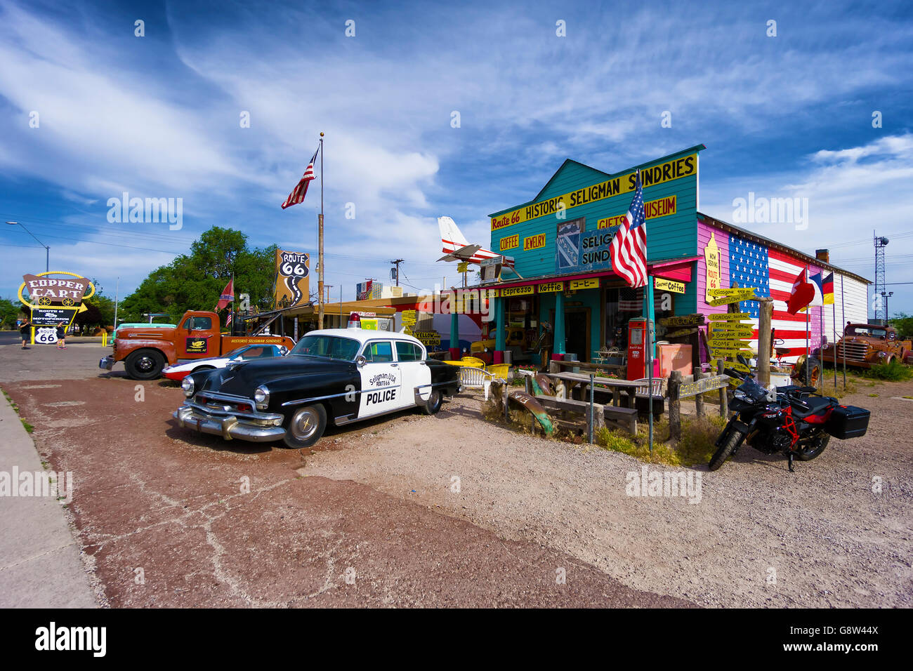 Seligman, Arizona - 11 June 2016: classic gift and coffee shop on historic Route 66 in Seligman, Arizona. Stock Photo