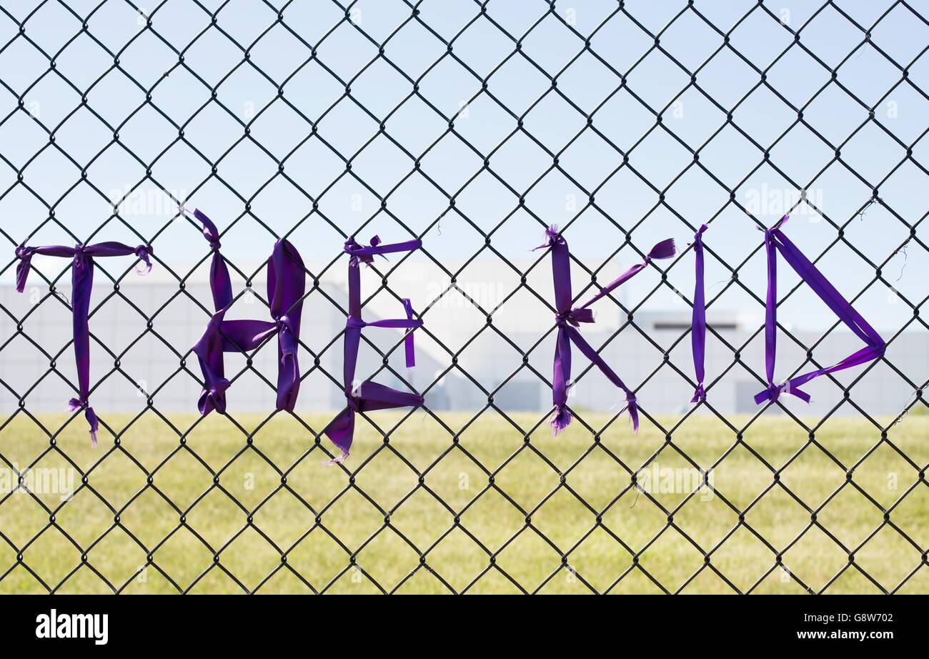 'The Kid', Prince's character's name in the movie Purple Rain, on the fence around Paisley Park in Chanhassen, Minnesota, USA. Stock Photo
