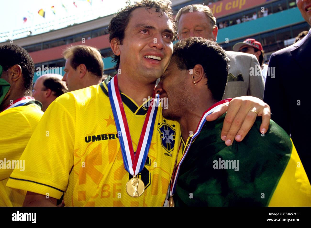 (L-R) Brazil's Branco and Romario shed a joyous tear after collecting their World Cup winners' medals Stock Photo