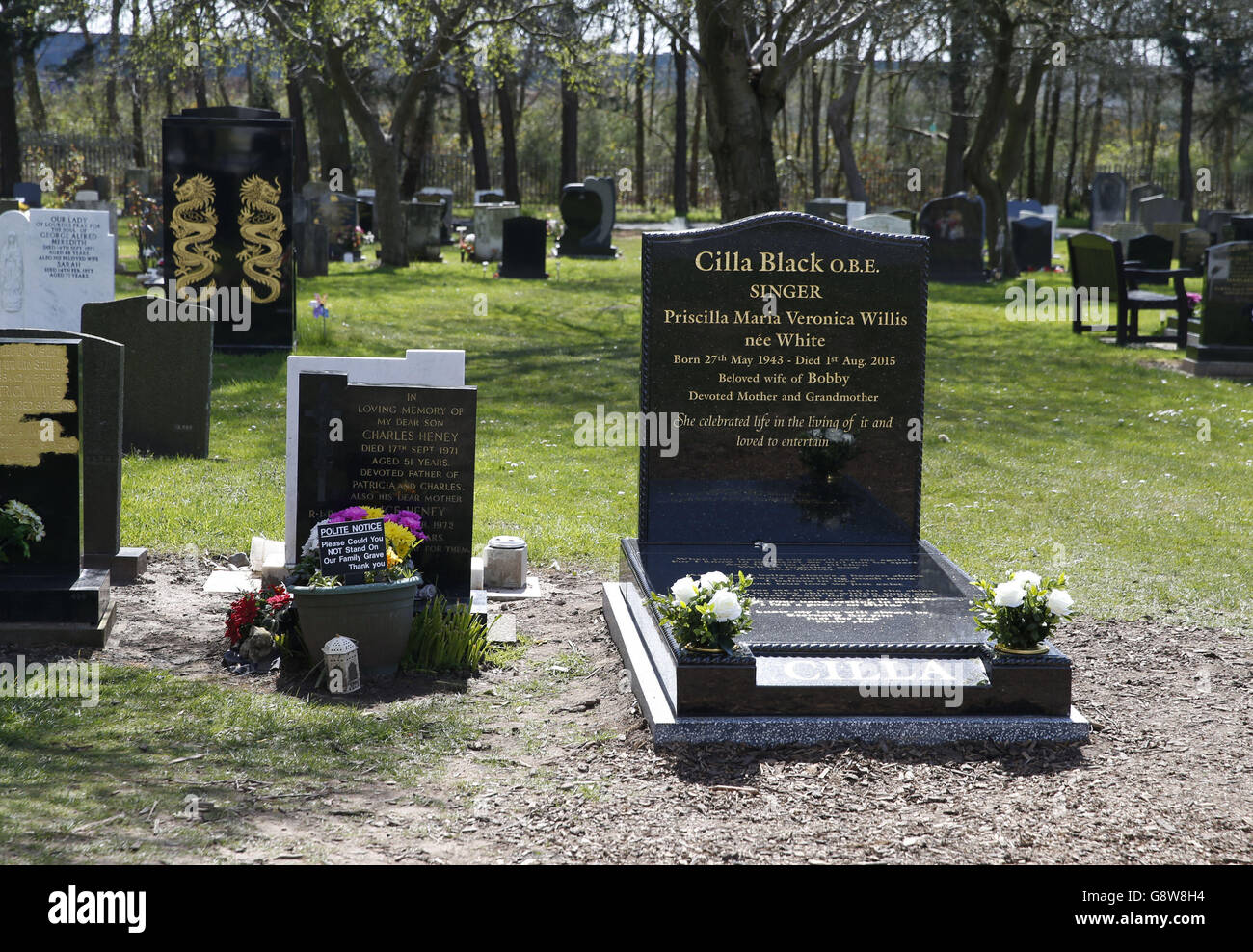 Cilla Black's grave with the new headstone and plinth in place, after the bronze plaque was stolen in January. Stock Photo