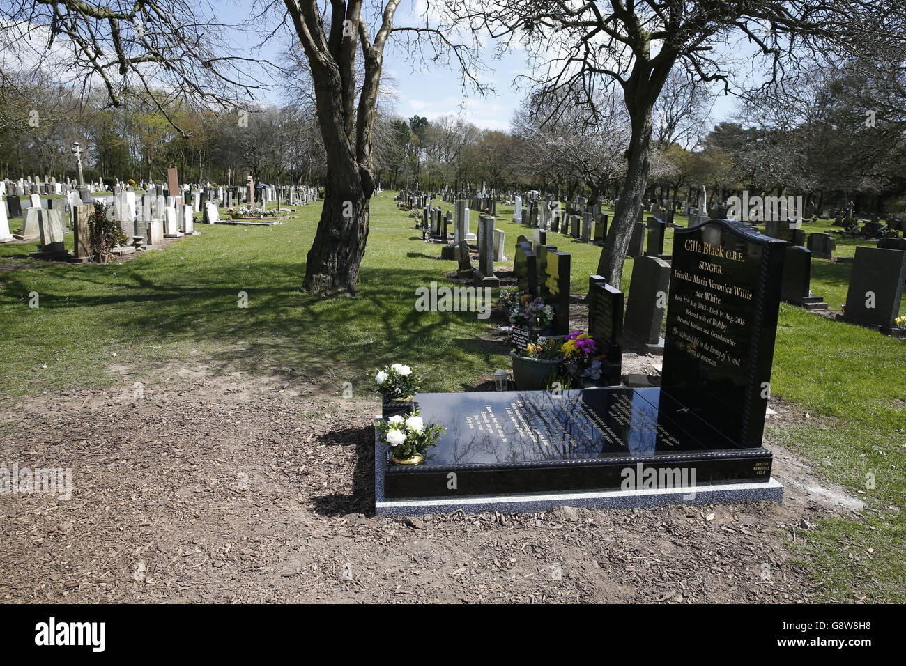 Cilla Black's grave with the new headstone and plinth in place, after the bronze plaque was stolen in January. Stock Photo