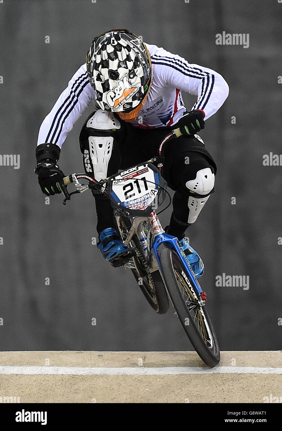 BMX Supercross World Cup - Round Two - Day Two - National Cycling Centre. Great Britain's Kyle Evans during day two, of round two of the UCI BMX Supercross World Cup, at the National Cycling Centre, Manchester. Stock Photo