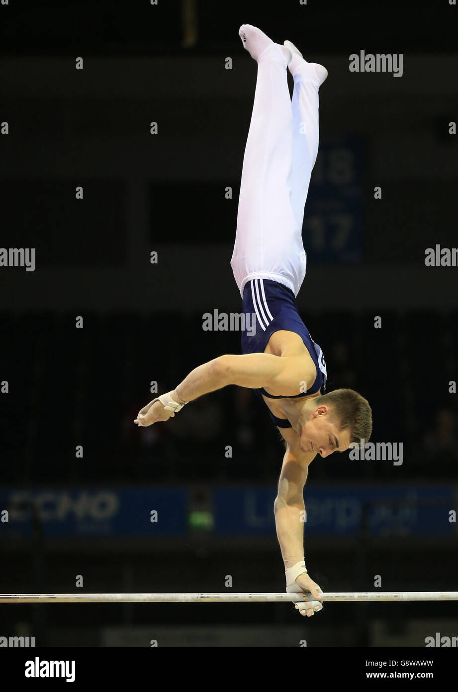 Max Whitlock on the horizontal (high) bar during the Artistic Gymnastics British Championships 2016 at the Echo Arena, Liverpool. Stock Photo