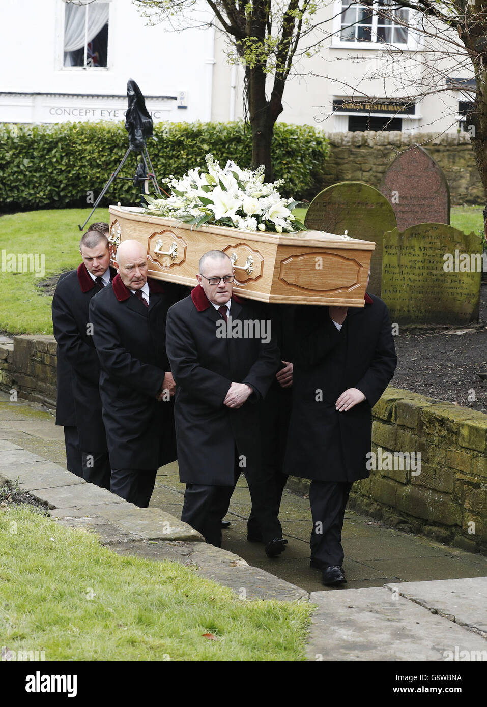 The coffin of TV agony aunt Denise Robertson is carried into Sunderland Minster for her funeral. Stock Photo