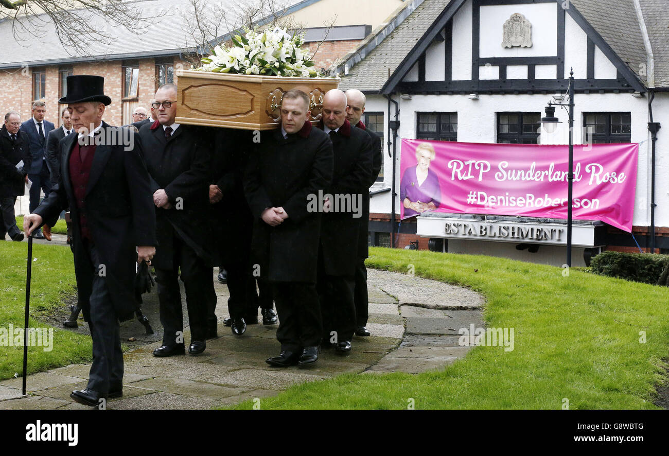 The coffin of TV agony aunt Denise Robertson is carried out of Sunderland Minster following her funeral. Stock Photo