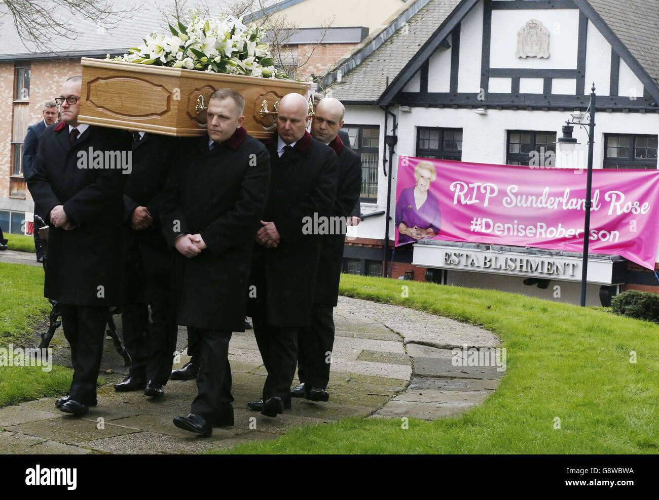 The coffin of TV agony aunt Denise Robertson is carried out of Sunderland Minster following her funeral. Stock Photo