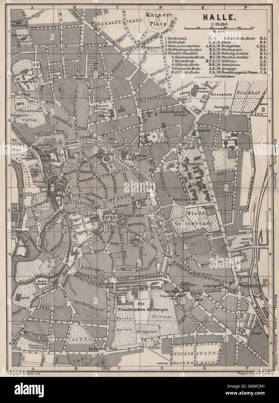 HALLE antique town city stadtplan. Saxony-Anhalt karte. BAEDEKER, 1886 old map Stock Photo
