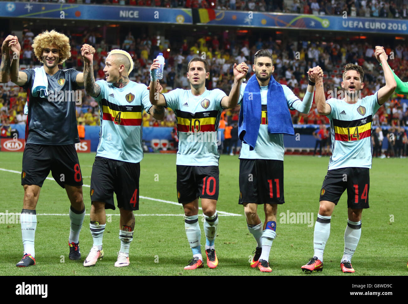 Players of Belgium national football team thank their fans after the UEFA EURO 2016 game against Sweden Stock Photo