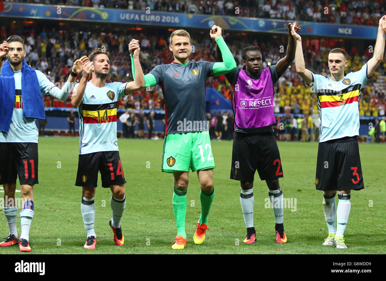 Players of Belgium national football team thank their fans after the UEFA EURO 2016 game against Sweden Stock Photo