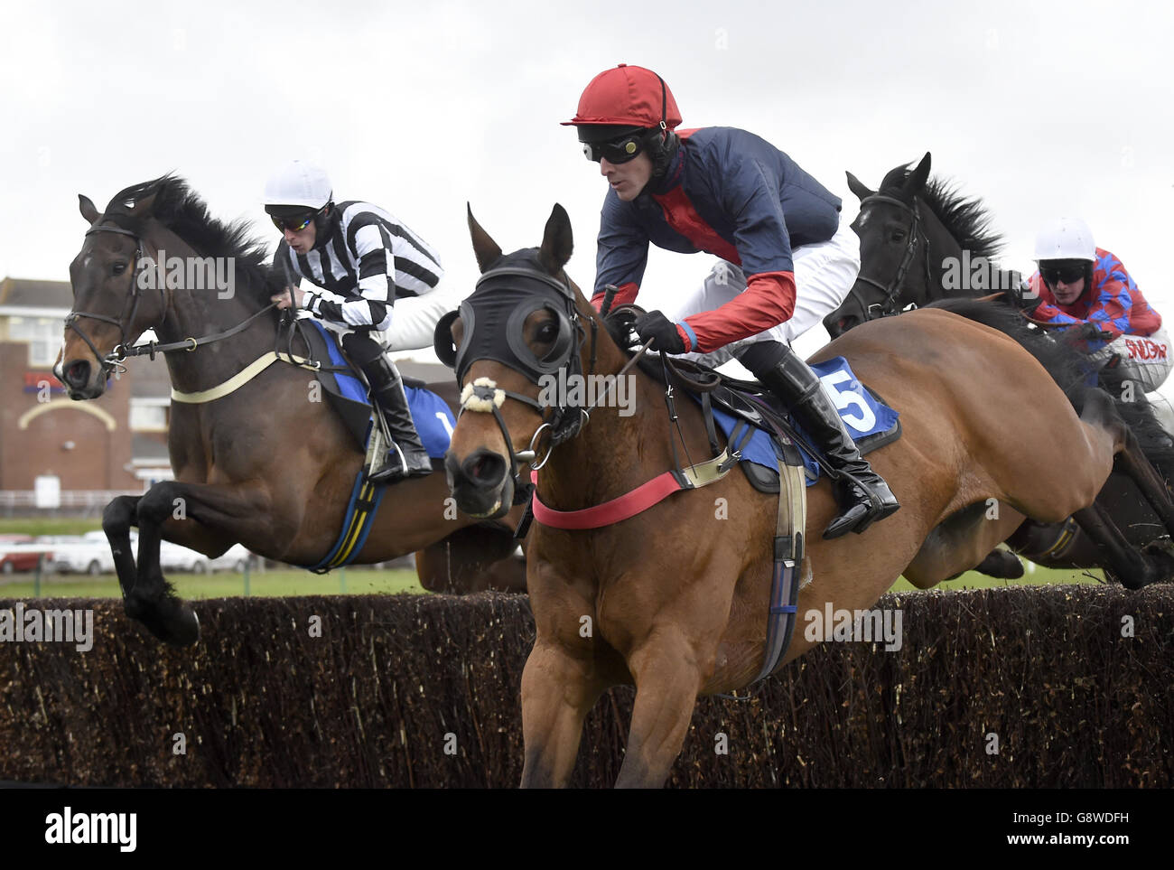 Special Catch (left) ridden by James Reveley on his way to winning the Porcelanosa Scotland Novices' Limited Handicap Steeple Chase during Ladies Day of the Coral Scottish Grand National Festival at Ayr Racecourse. Stock Photo