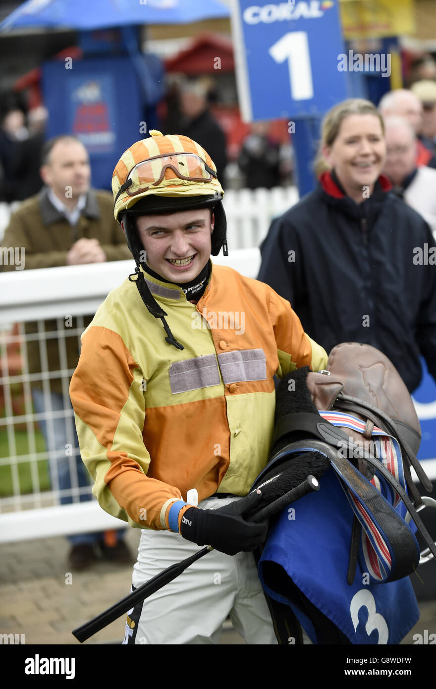 Jockey Sean Bowen after winning the coral.co.uk Mares' Handicap Hurdle Race on Ron's Dream during Ladies Day of the Coral Scottish Grand National Festival at Ayr Racecourse. Stock Photo
