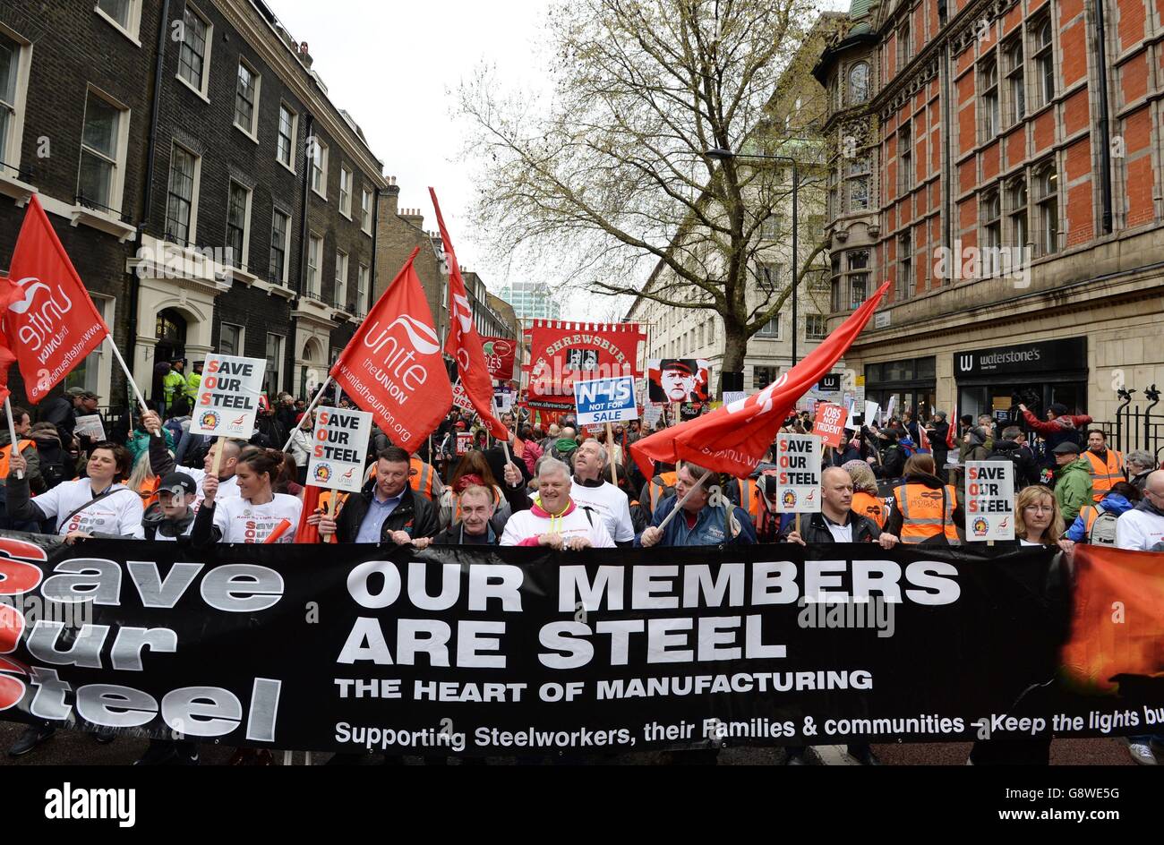 Campaigners marching in an anti-austerity demonstration in central London. Stock Photo