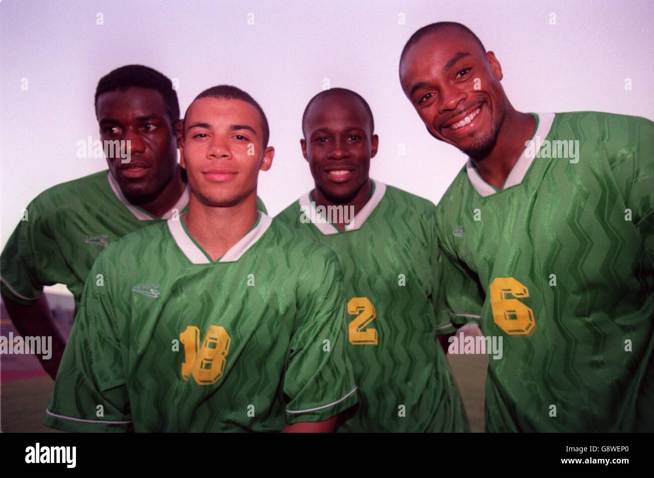 The four Jamaica players based in England (left-right): Robbie Earle, Deon Burton, Paul Hall and Fitzroy Simpson Stock Photo