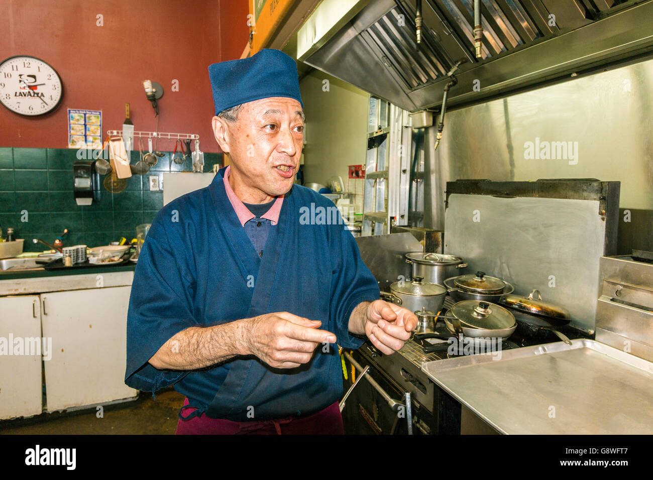 Chef Takeo Sato, owner and cook at Shibuyatei, a tiny but great Ramen cafe in Richmond, BC, Canada. Stock Photo