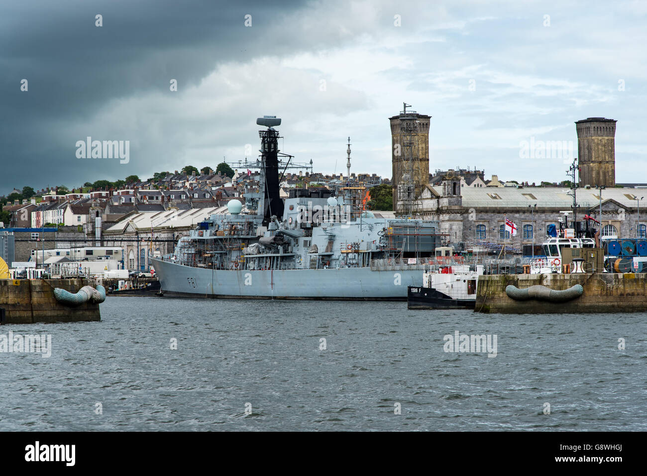 HMS Sutherland, a Type 23 Frigate, undergoing refit at HMNB Devonport. Stock Photo