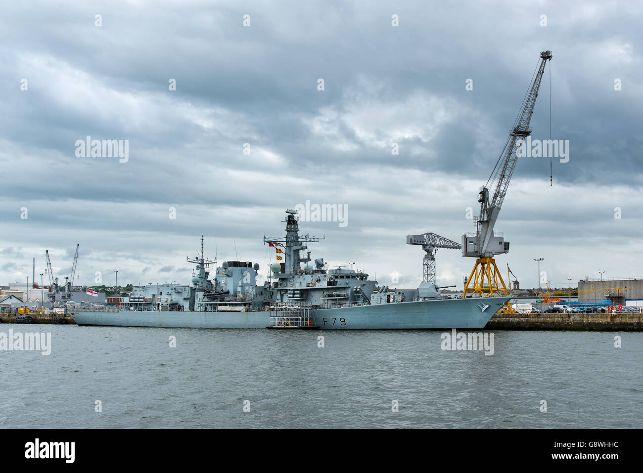 HMS Portland, a type 23 Frigate, undergoing refit at at HMNB Devonport. Stock Photo