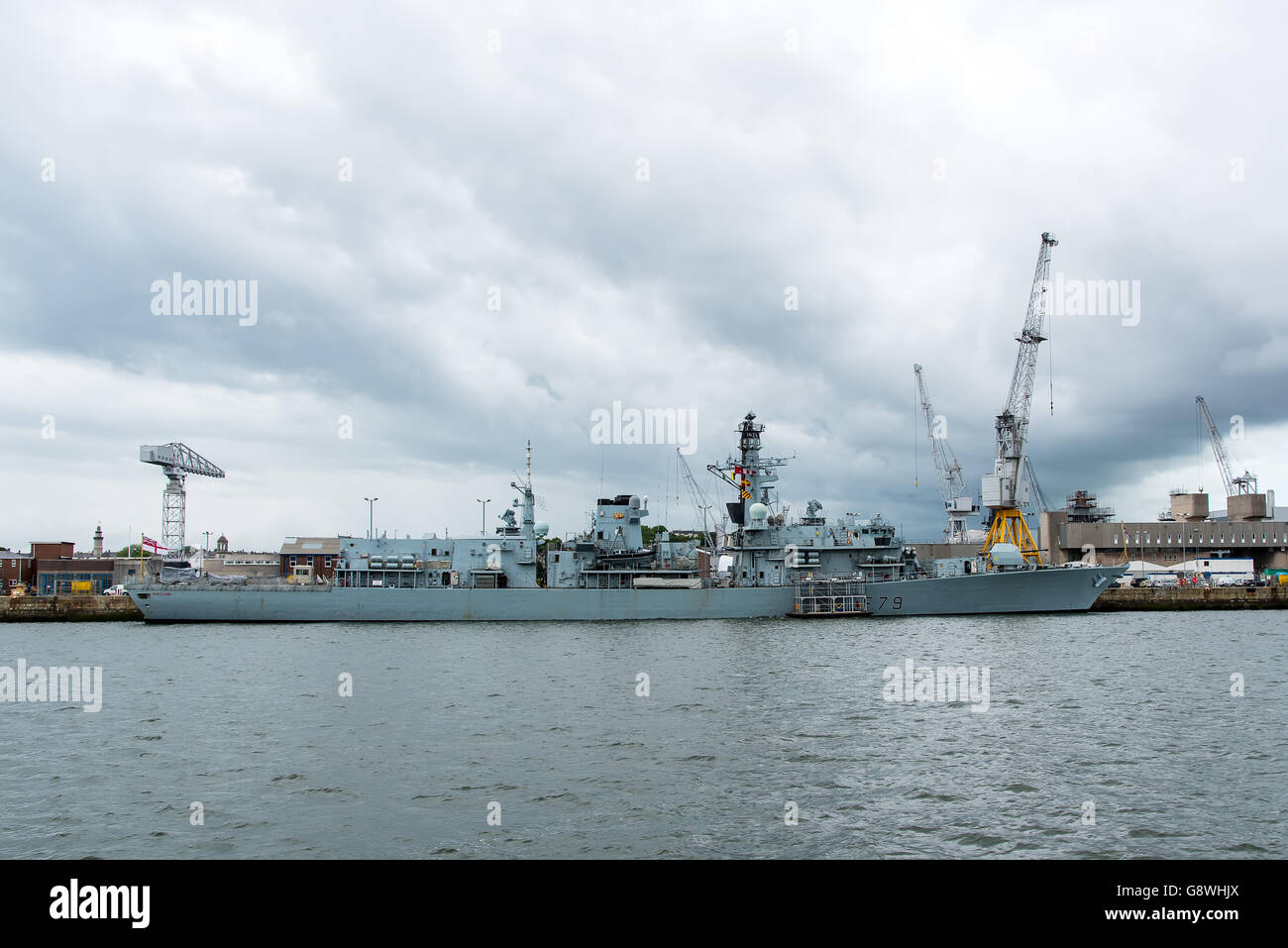 HMS Portland, a type 23 Frigate, undergoing refit at at HMNB Devonport. Stock Photo