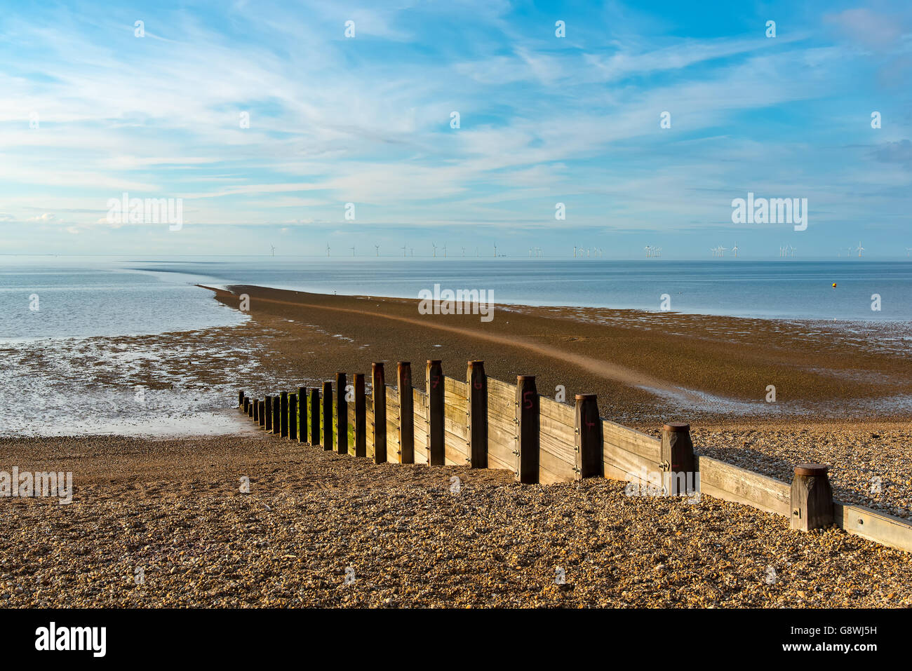 The Street, a shingle spit, exposed at low-tide, at Tankerton, near Whitstable, Kent. Stock Photo