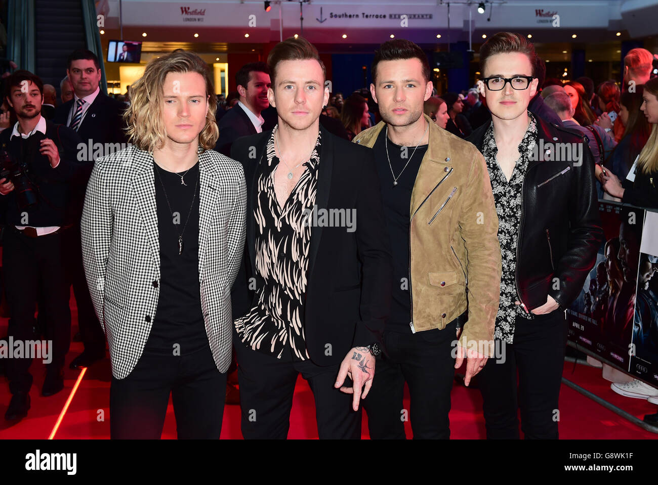 McFly (left to right) Dougie Poynter, Danny Jones, Harry Judd and Tom Fletcher attending the Captain America: Civil War European Premiere held at Vue Westfield in Shepherd's Bush, London. PRESS ASSOCIATION Photo. Picture date: Tuesday April 26, 2016. See PA story SHOWBIZ Captain. Photo credit should read: Ian West/PA Wire Stock Photo