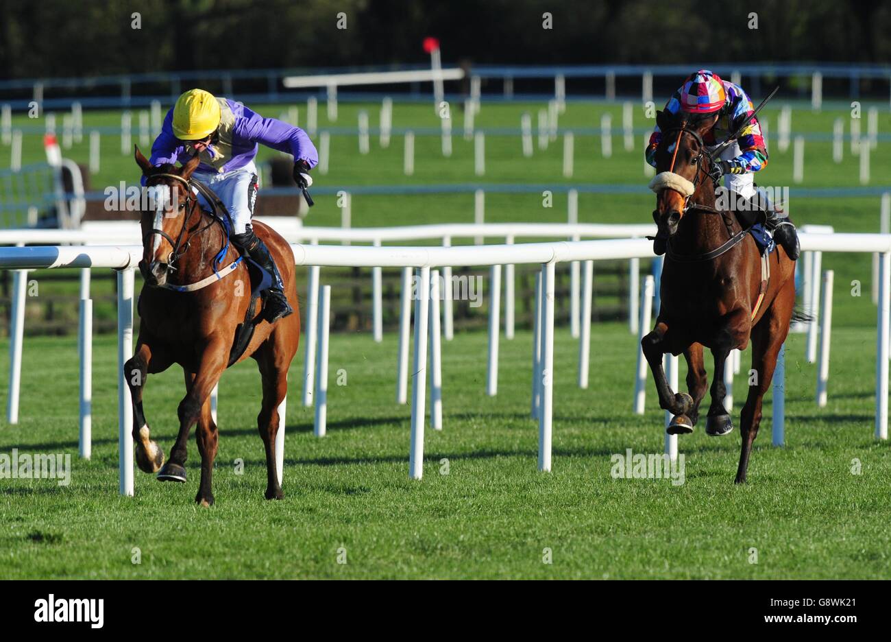 Cilaos Emery and Patrick Mullins (left) go on to win the Donohue Marquees Flat Race during day one of the Punchestown Festival at Punchestown, Co. Kildare, Ireland. Stock Photo