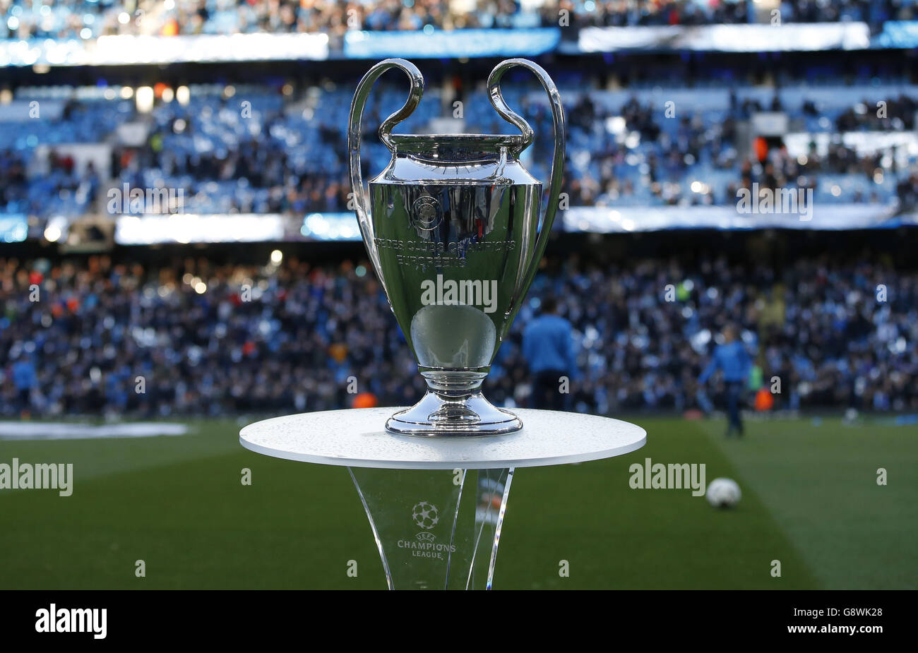Manchester City v Real Madrid - UEFA Champions League - Semi-Final - First  Leg - Etihad Stadium. The UEFA Champions League trophy on display prior to  the UEFA Champions League, Semi-Final match