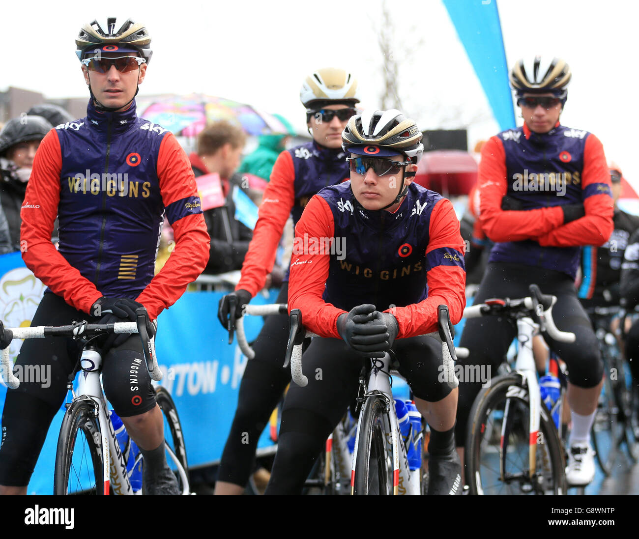 Team Wiggins' Sam Lowe alongside teammate Liam Holohan (left) during stage three of the Tour de Yorkshire. Stock Photo