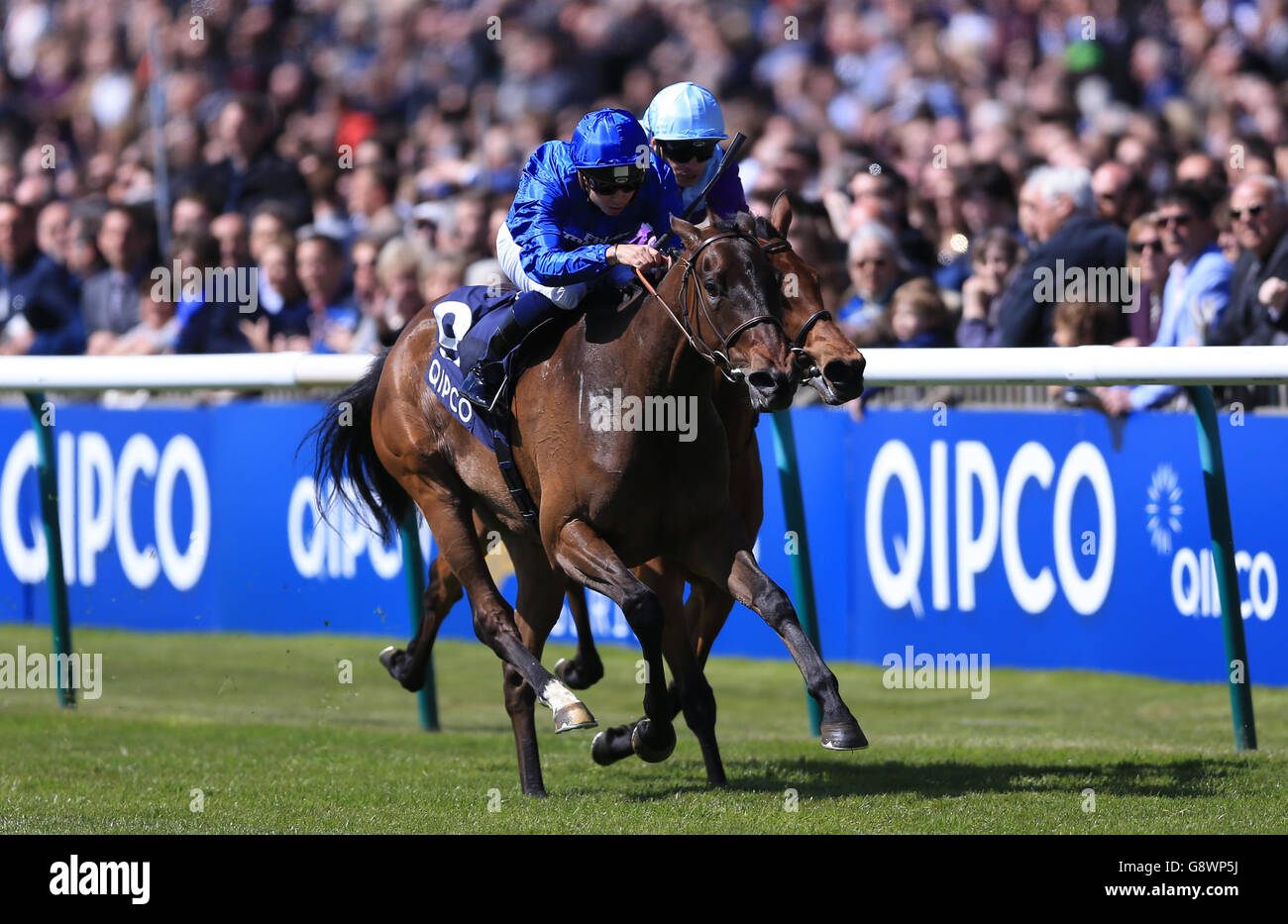 Usherette ridden by Mickael Barzalona (left) wins The Charm Spirit At Tweenhills In 2017 Dahlia Stakes ahead of Arabian Queen ridden by Silvestre De Sousa in second during QIPCO 1000 Guineas Day of the QIPCO Guineas Festival at Newmarket Racecourse. Stock Photo