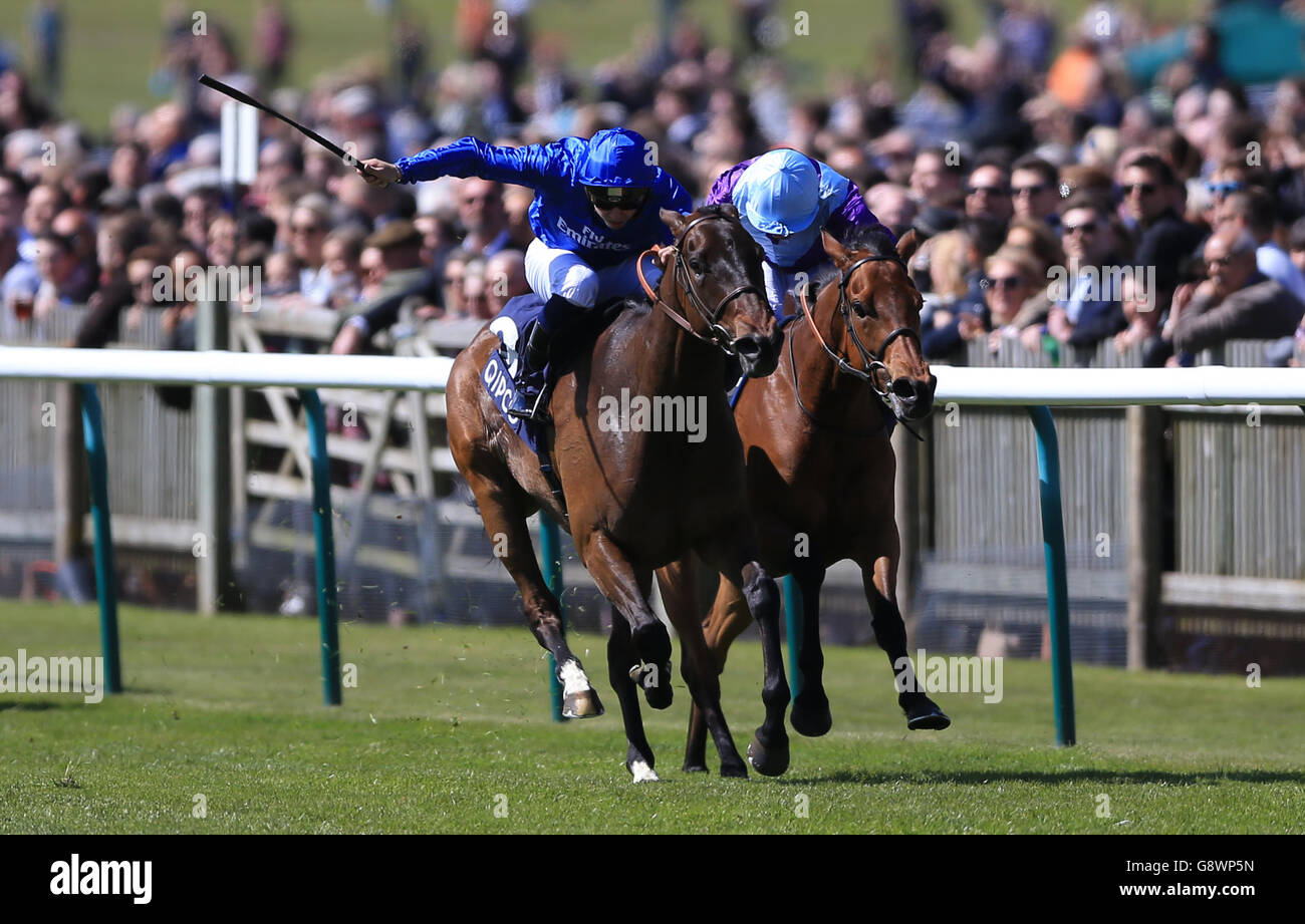 Usherette ridden by Mickael Barzalona (left) wins The Charm Spirit At Tweenhills In 2017 Dahlia Stakes ahead of Arabian Queen ridden by Silvestre De Sousa in second during QIPCO 1000 Guineas Day of the QIPCO Guineas Festival at Newmarket Racecourse. PRESS ASSOCIATION Photo. Picture date: Sunday May 1, 2016. See PA story RACING Newmarket. Photo credit should read: Nigel French/PA Wire Stock Photo
