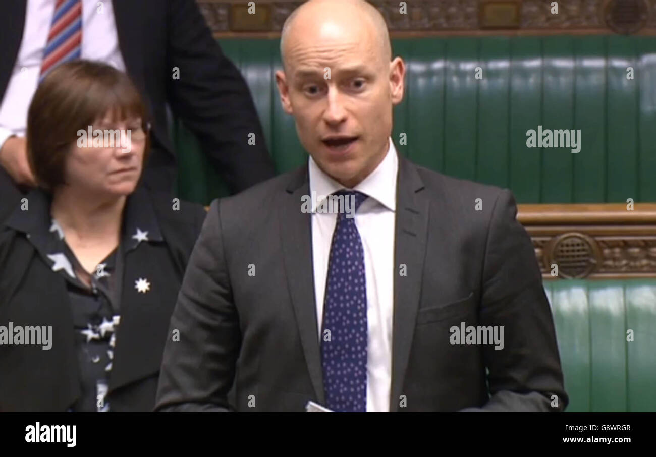 Aberavon Labour MP Stephen Kinnock responds after Business Secretary Sajid Javid gave a statement to MPs in the House of Commons where he said that the Government will consider co-investing with a buyer on commercial terms to save the Port Talbot steel plant in south Wales. Stock Photo