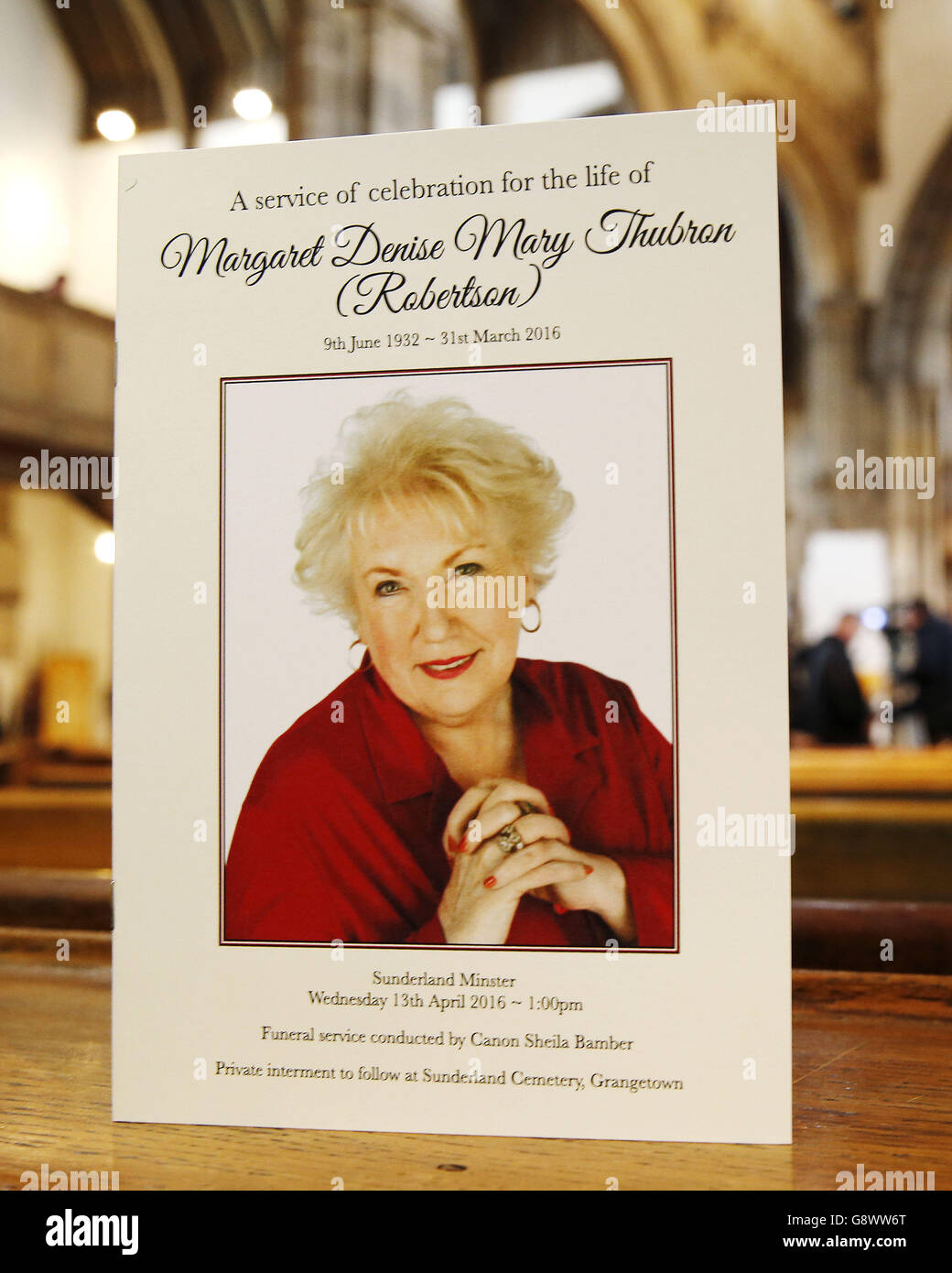 An order of service for the funeral of TV agony aunt Denise Robertson at Sunderland Minster. Stock Photo