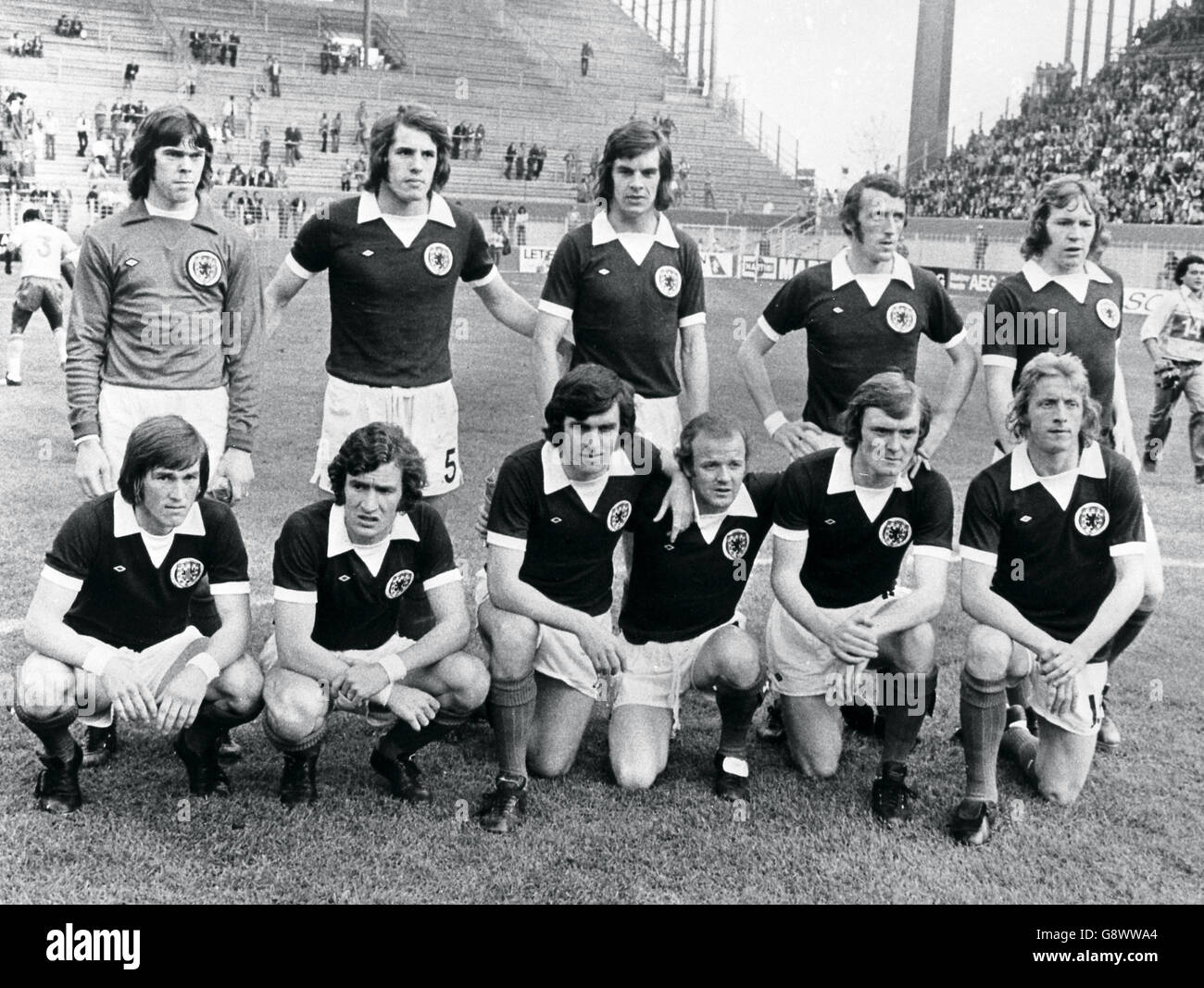 The Scottish team before beating Zaire by two goals to nil in the group 2 World Cup match at Dortmund's Westfalen Stadium. Back row - from left; David Harvey, Jim Holton, Joe Jordan, Danny McGrain and John Blackley. Front row - from left; Kenny Dalglish, Sandy Jardine, Peter Lorimer, Billy Bremner, David Hay and Denis Law. Stock Photo