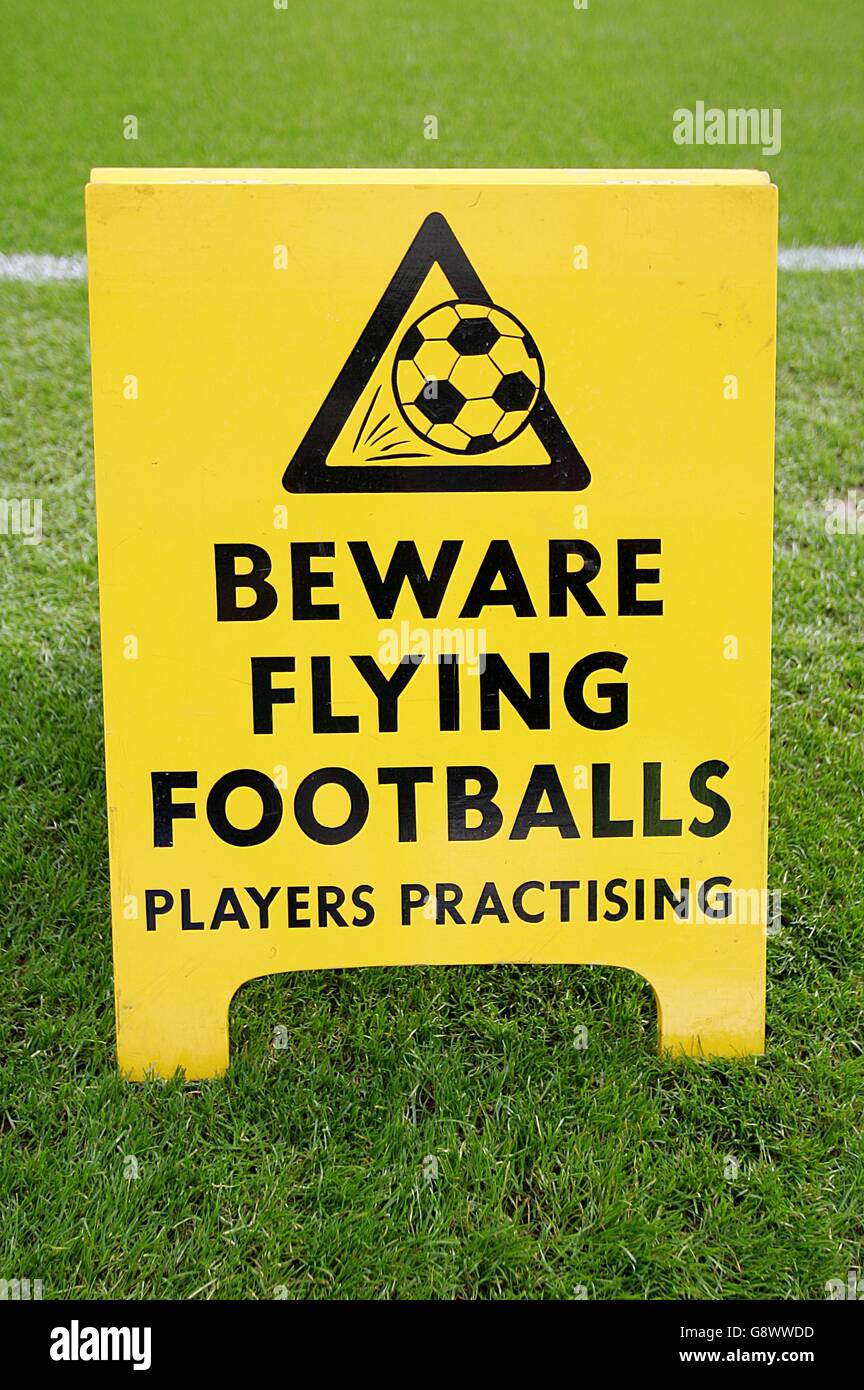Soccer - FA Barclays Premiership - Chelsea v Aston Villa - Stamford Bridge. A warning to fans that there may be flying footballs Stock Photo