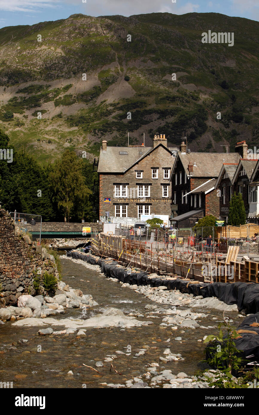 Glenridding, new flood defences going in on the river to prevent future flooding. Stock Photo
