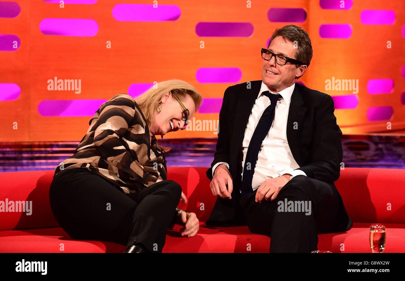 Meryl Streep (left) and Hugh Grant during the filming of the Graham Norton Show at the London Studios in London, to be broadcast on BBC1 tomorrow. Stock Photo