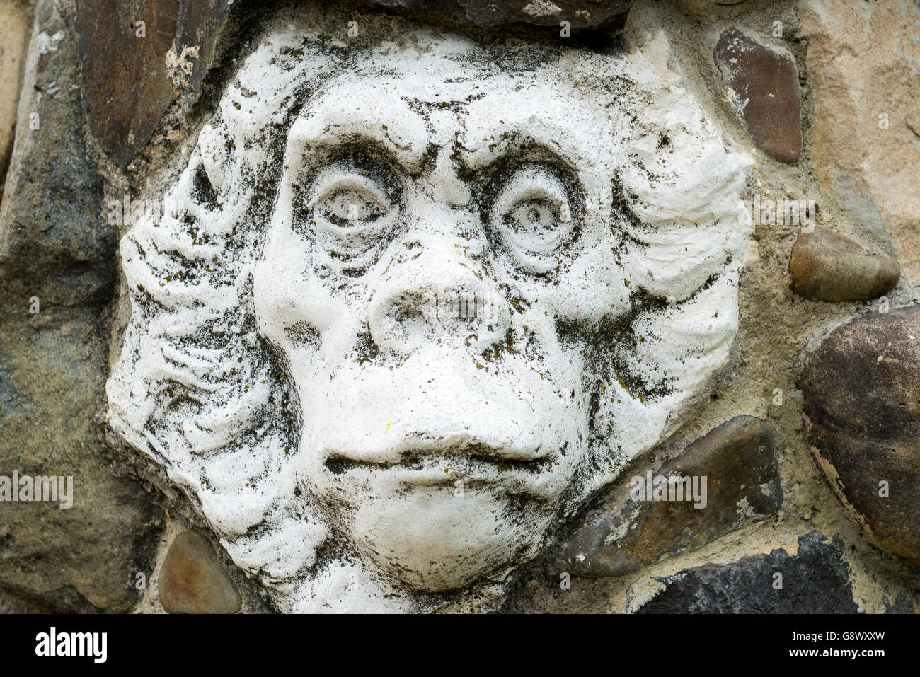 Monkey face sculpture by Mykola Holowan in his house in Lutsk, Ukraine Stock Photo
