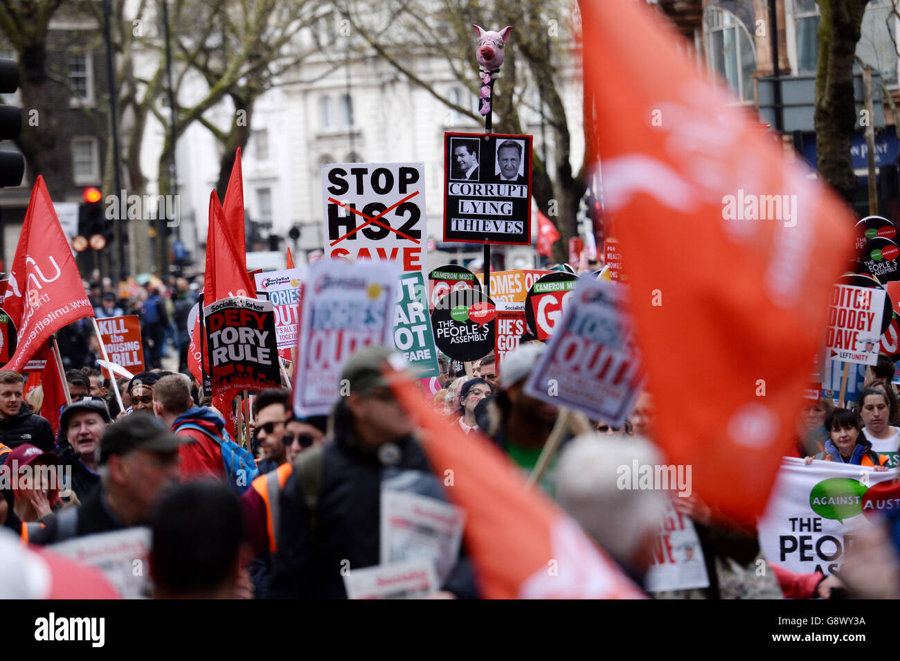 Campaigners marching in an anti-austerity demonstration in central London. Stock Photo