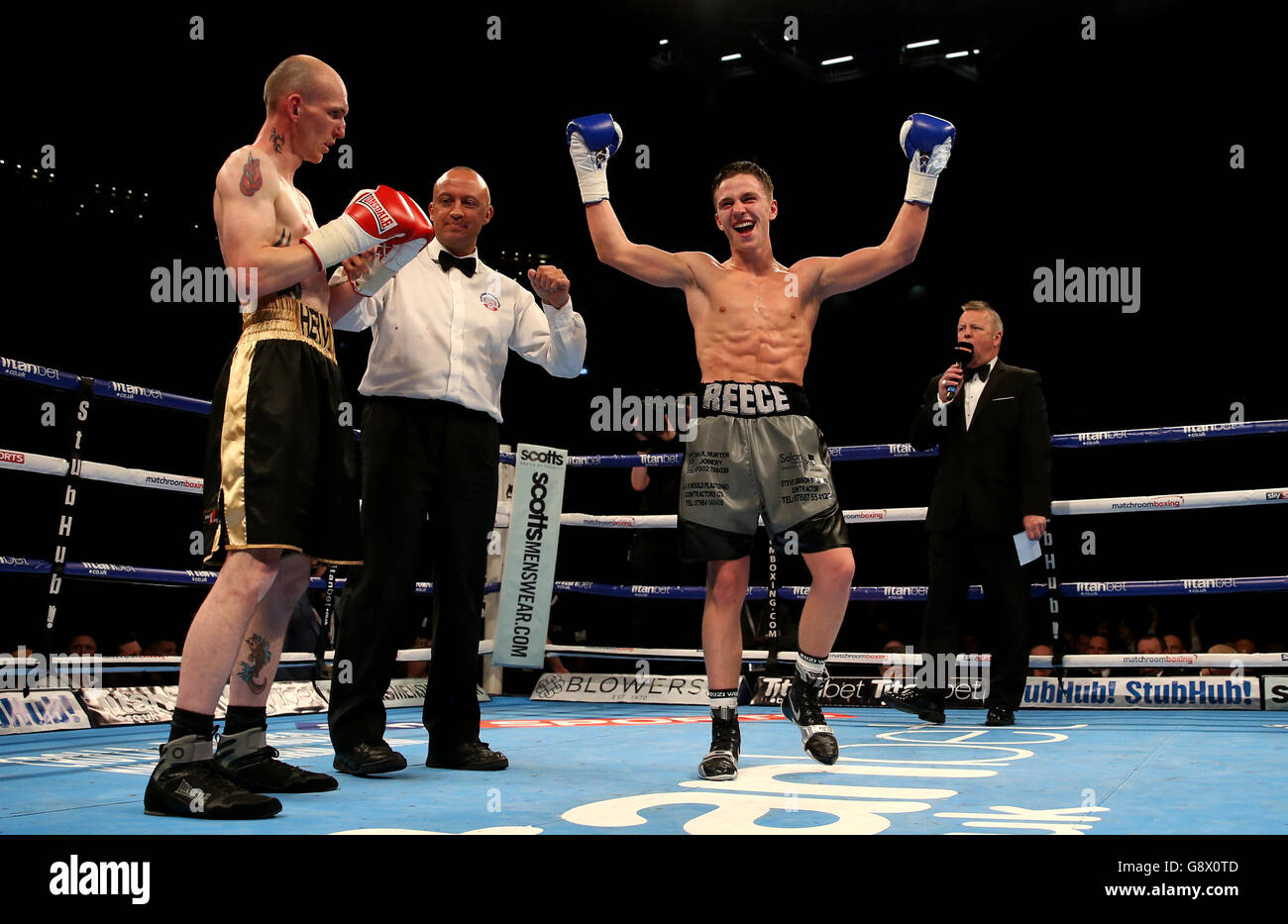 Reece Mould celebrates winning his first professional Featherweight bout against Phil Hervey at the First Direct Arena, Leeds. Stock Photo